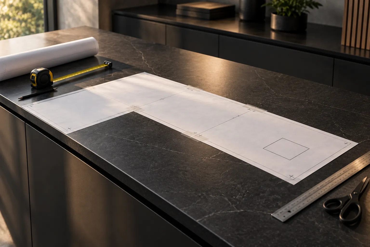 Aus mehreren Blättern zusammengeklebte Papierschablone auf einer dunklen Arbeitsplatte, daneben Maßband, Bleistift, Stahllineal und Schere.