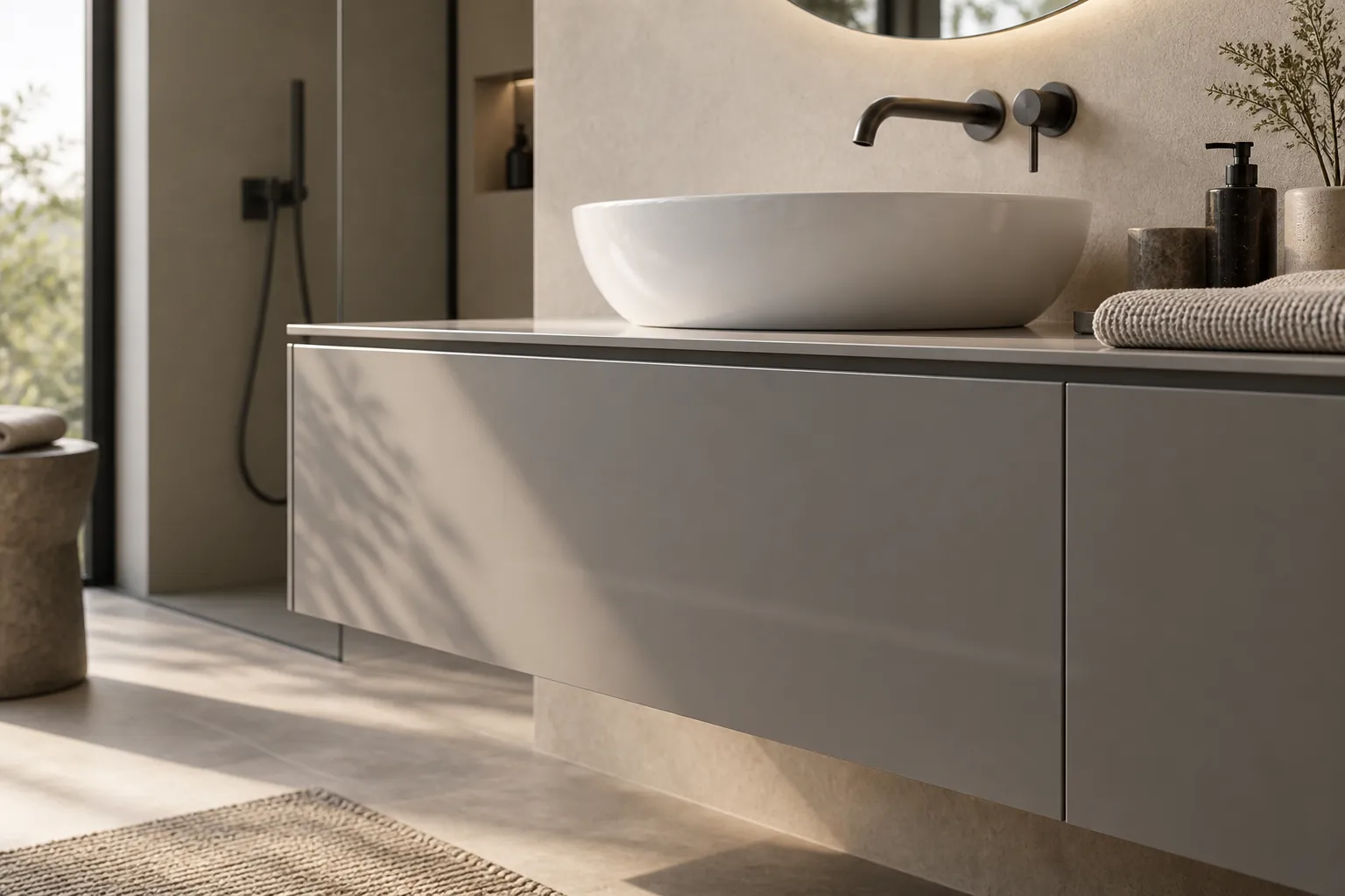 Bathroom cabinet with a smooth, light grey front, white countertop basin and dark tap.