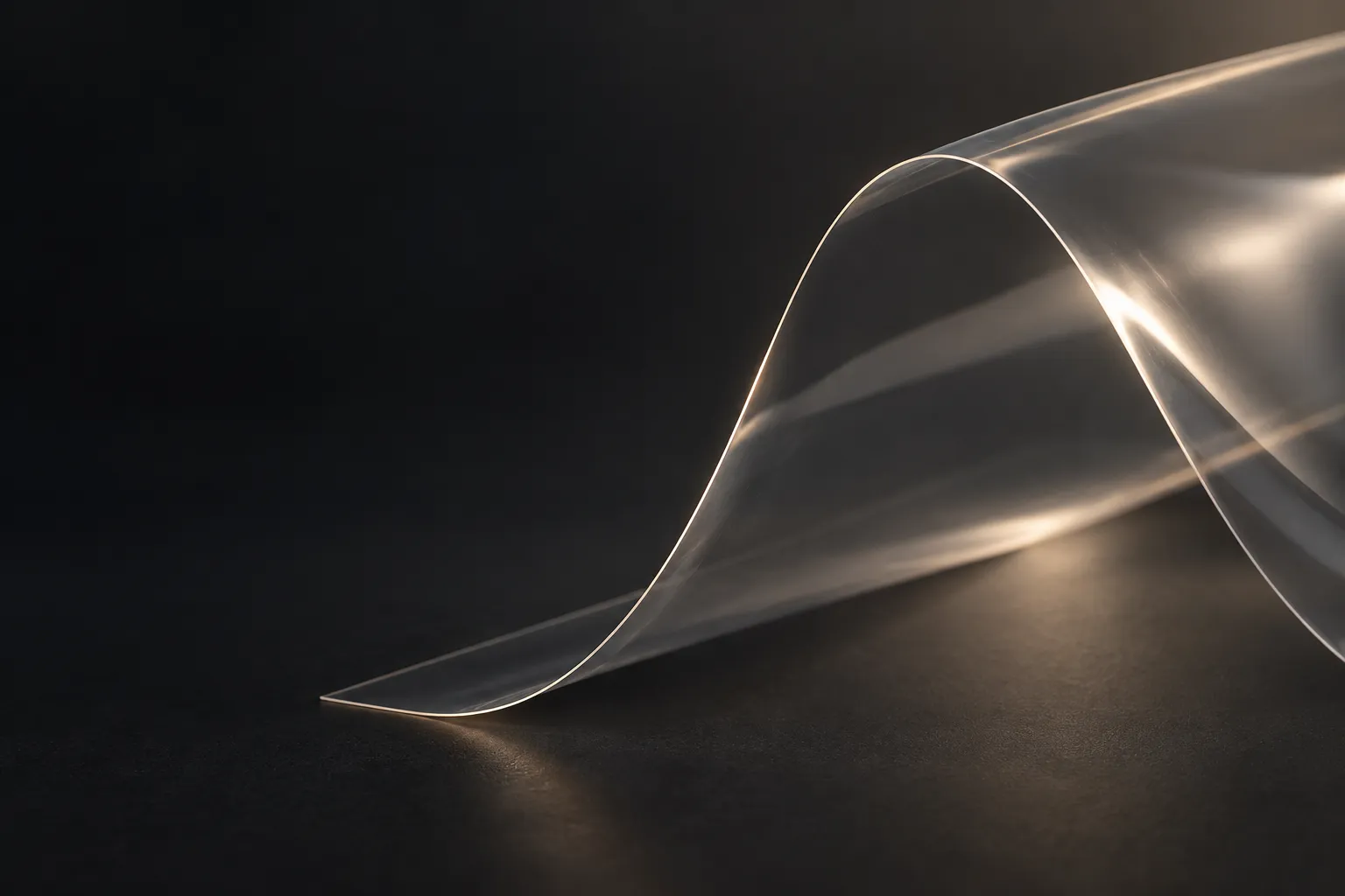 Close-up of a curved transparent film against a dark background.