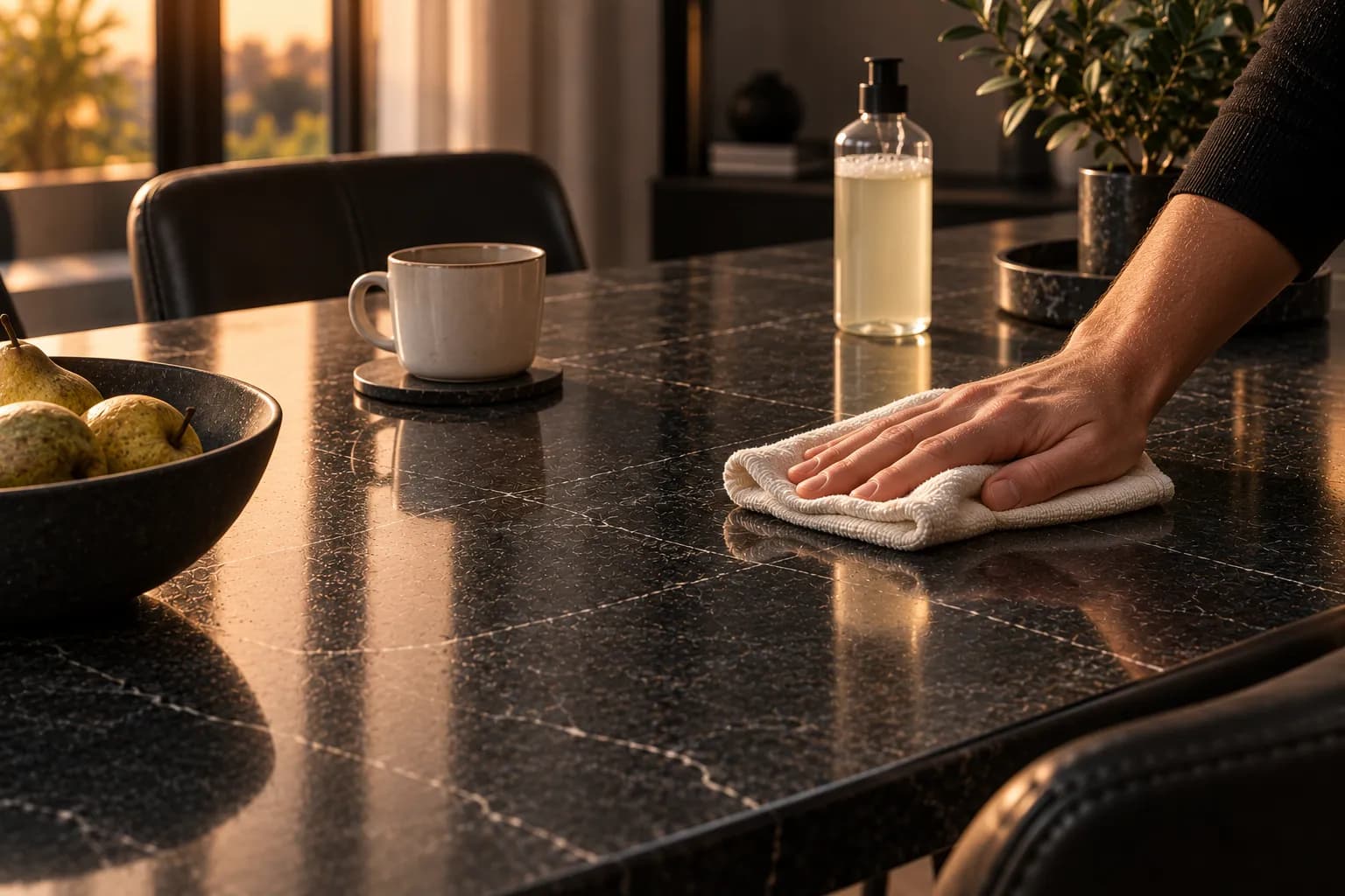 A hand wiping a dark table top with a soft light cloth, a cup and a bottle of mild washing-up liquid beside it.