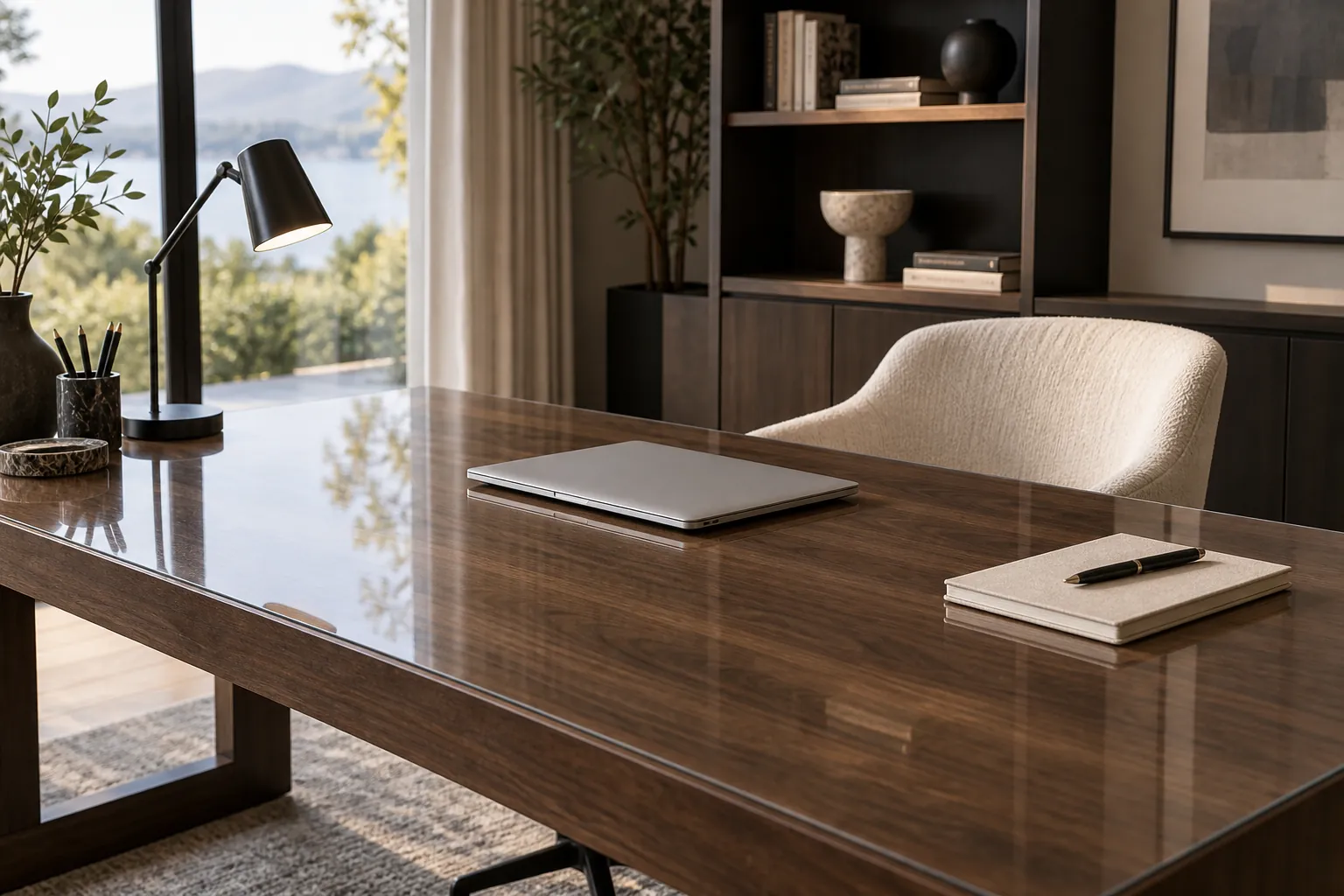 Dark wooden desk with a closed laptop, lamp and notebook, the surface covered with transparent film.