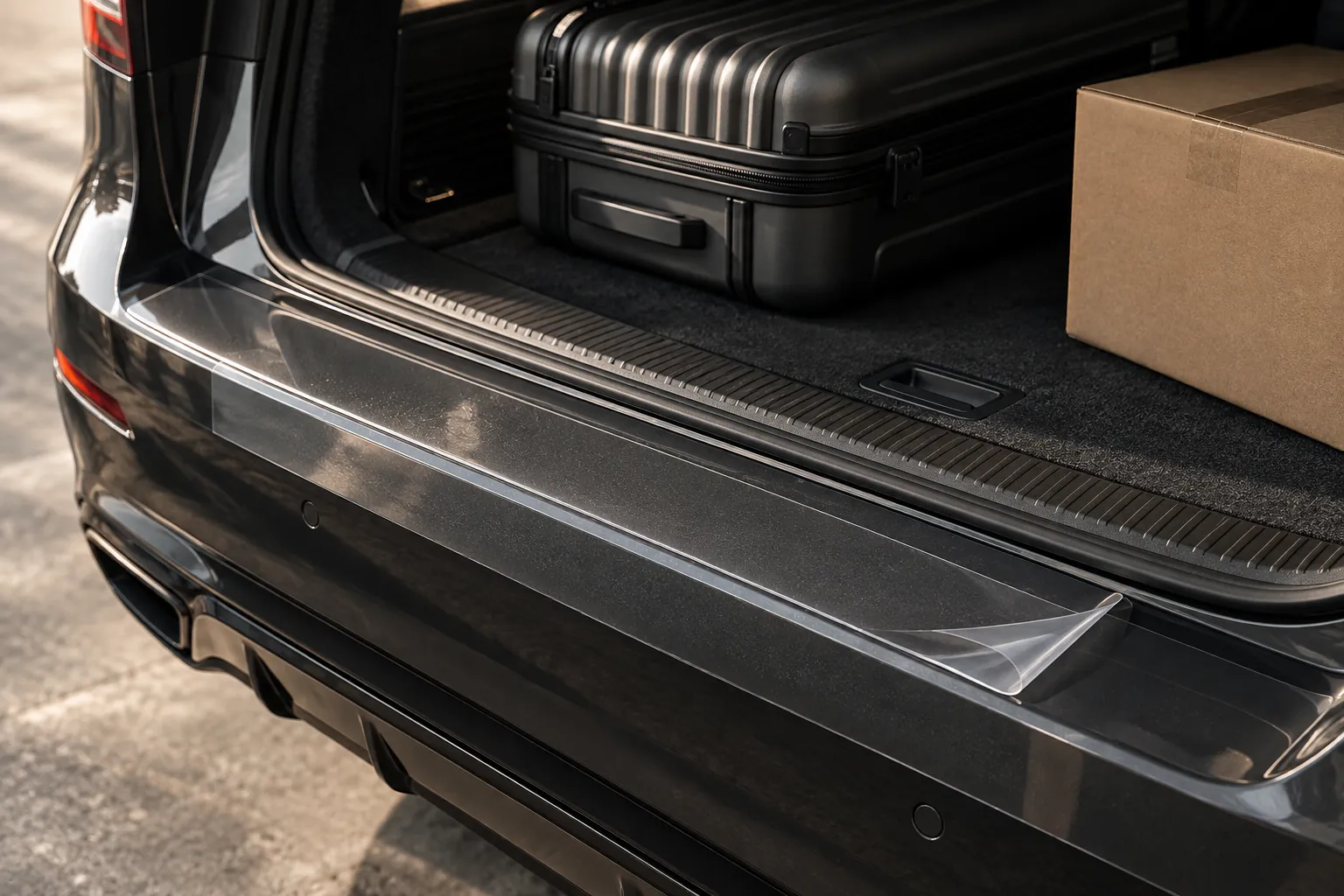 Open boot with a suitcase and a box, on the dark loading sill a transparent film strip with a lifted corner.