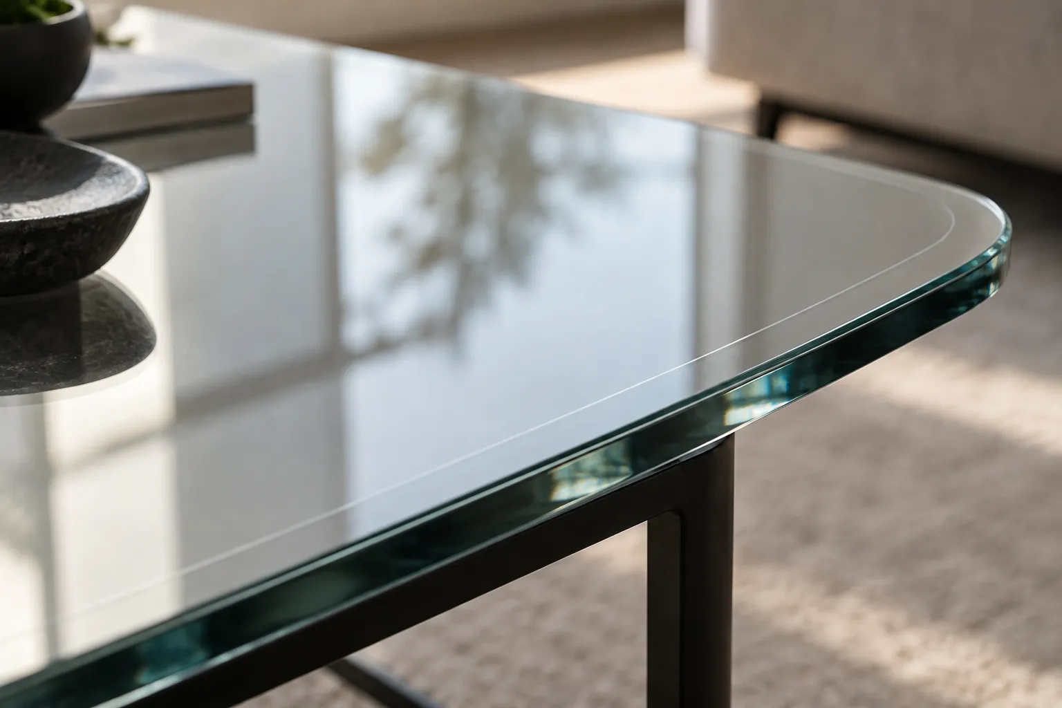 Detailansicht einer Glastischkante mit transparenter Schutzfolie.