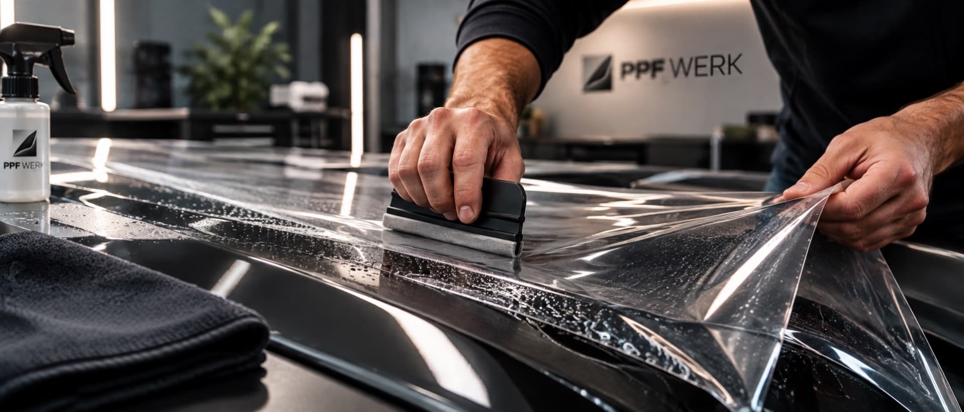 A transparent protective film being applied to a dark surface with a squeegee