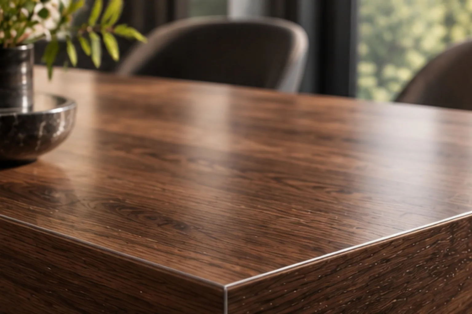 Close-up of a walnut dining table, a subtle film edge at the table corner, chairs in front of a window behind.