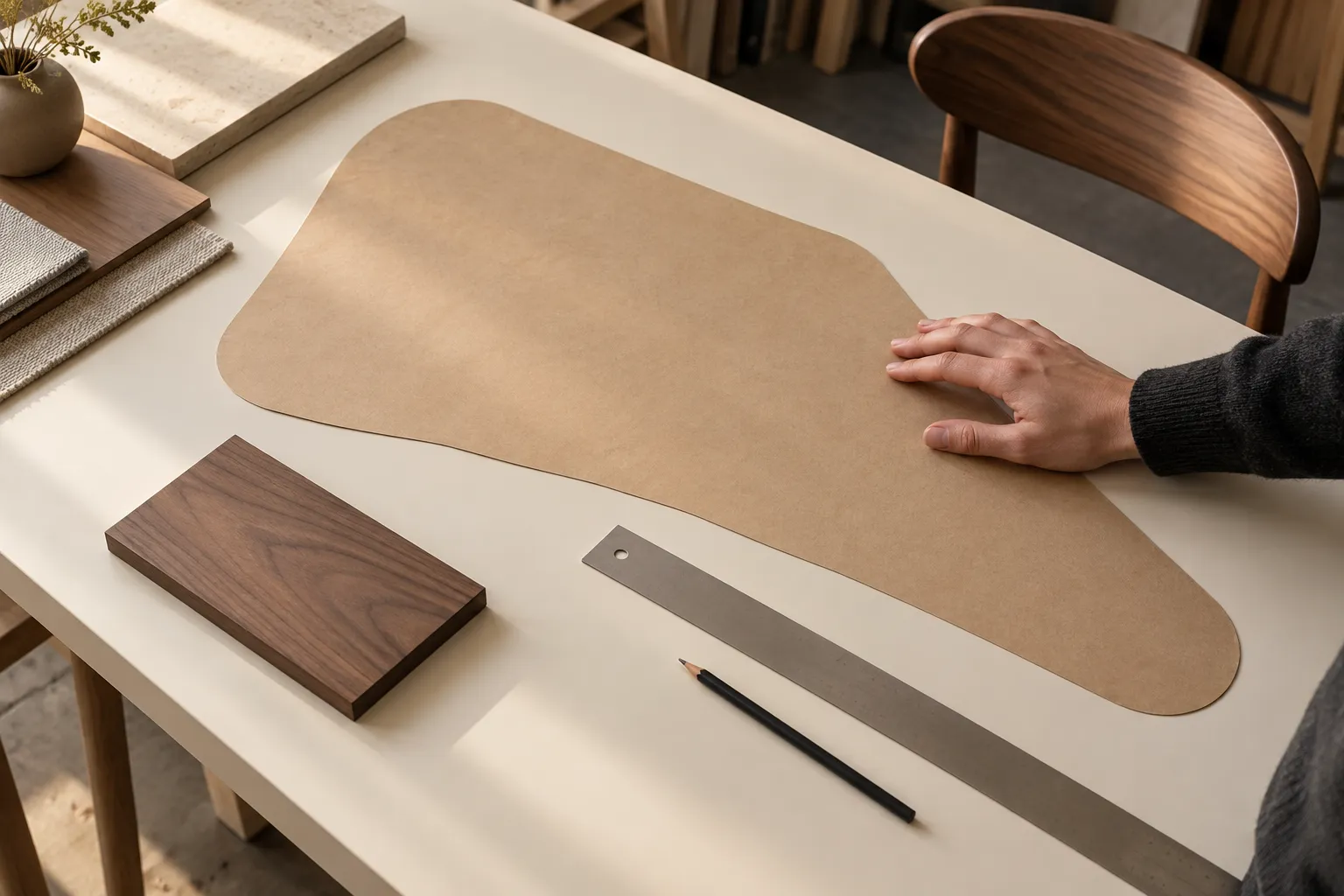 Planung eines individuellen Zuschnitts mit Papierschablone, Lineal und Materialprobe.