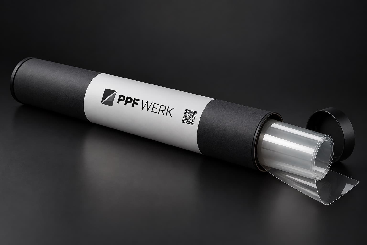 Opened PPF WERK shipping tube with the rolled film sticking out