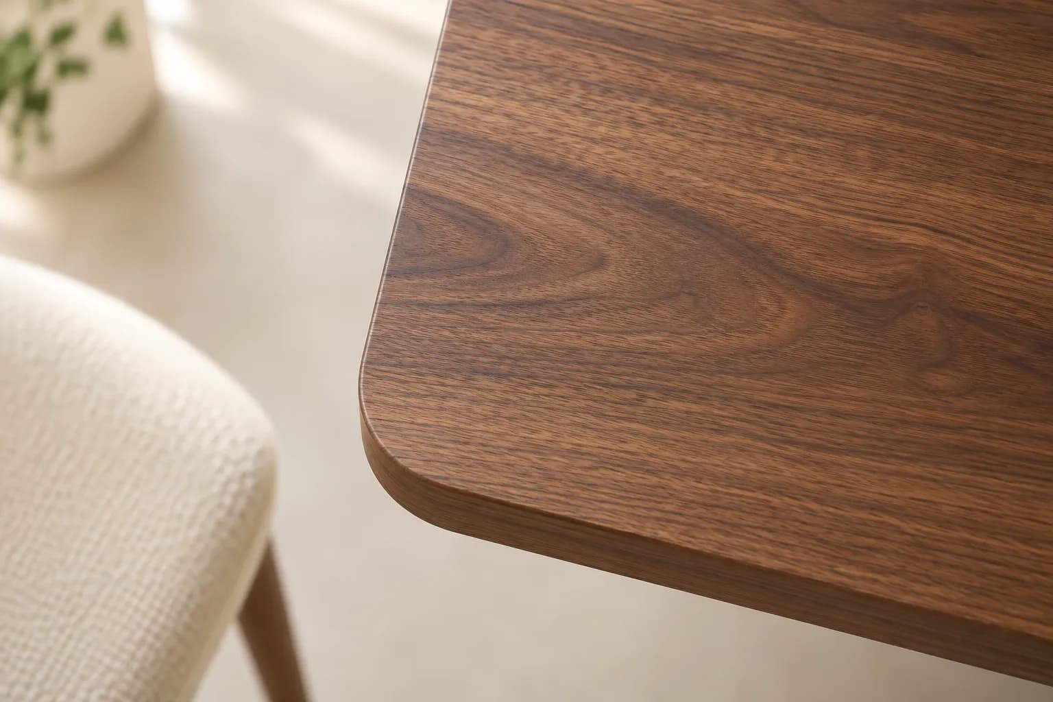 Corner of a wooden table top with a rounded corner, from diagonally above.