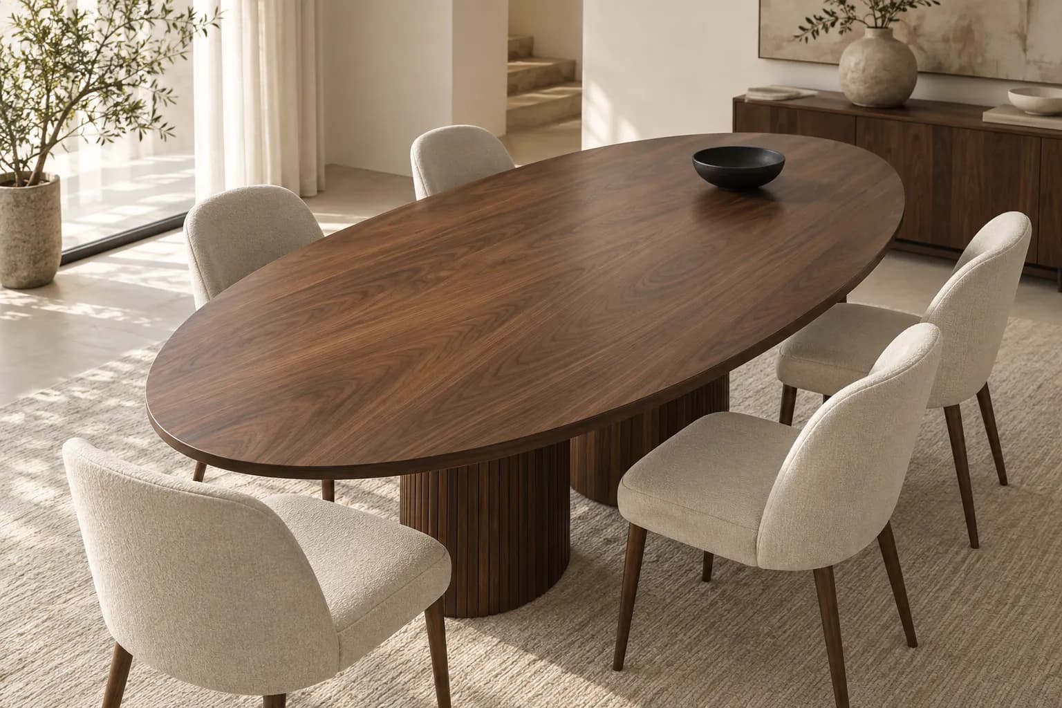 Oval wooden dining table with light chairs.